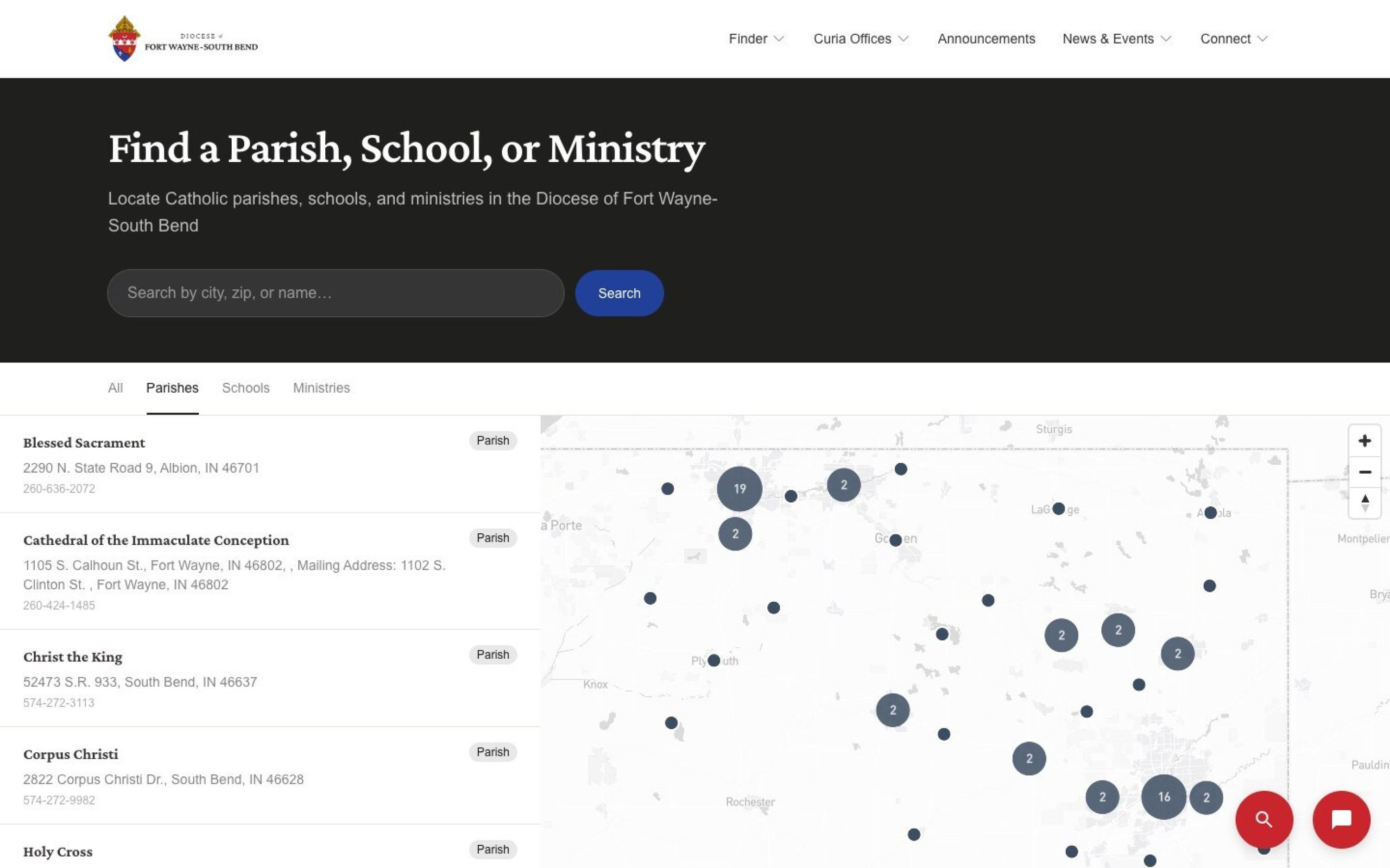 Parish, school and ministry finder with map